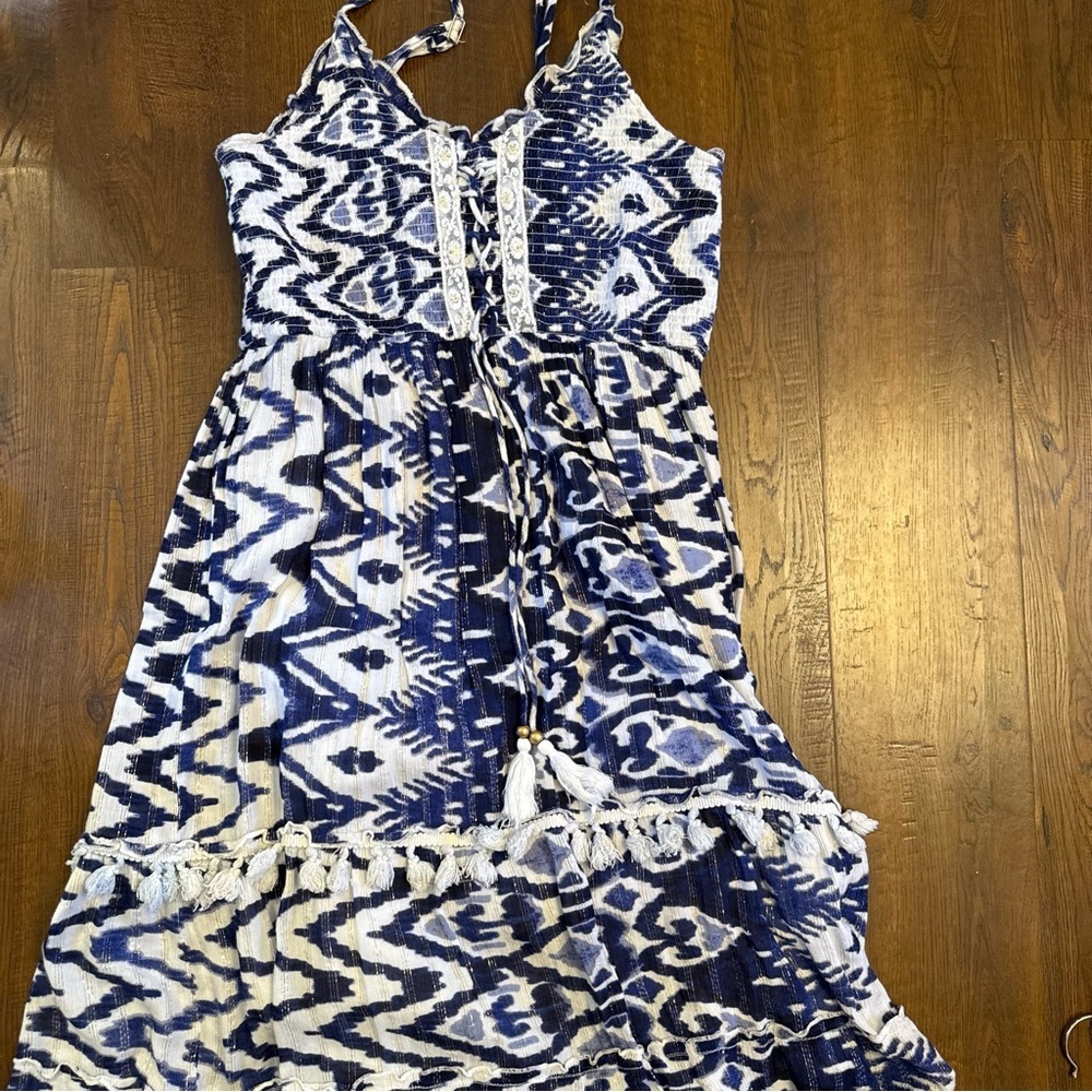 MeToMagic Blue and White Boho Tiered Maxi Dress Large - Picture 2 of 7